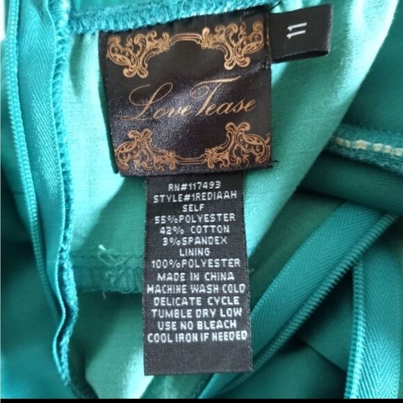 LOVE TEASE TURQUOISE SATIN STRAPLESS DRESS W/POCKETS SZ.11 EUC - Picture 6 of 6